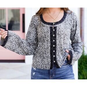 POL Leopard Print Lace Cardigan Blouse Boxy Large NWT